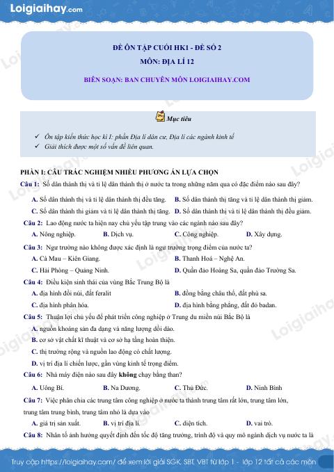 Đề thi học kì 1 Địa lí 12 KNTT - Đề số 2